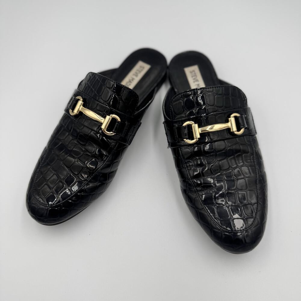 Steve Madden Royals Black Croc Embossed Horsebit Loafer Mule Slide Flat Gold 8 - Picture 14 of 16